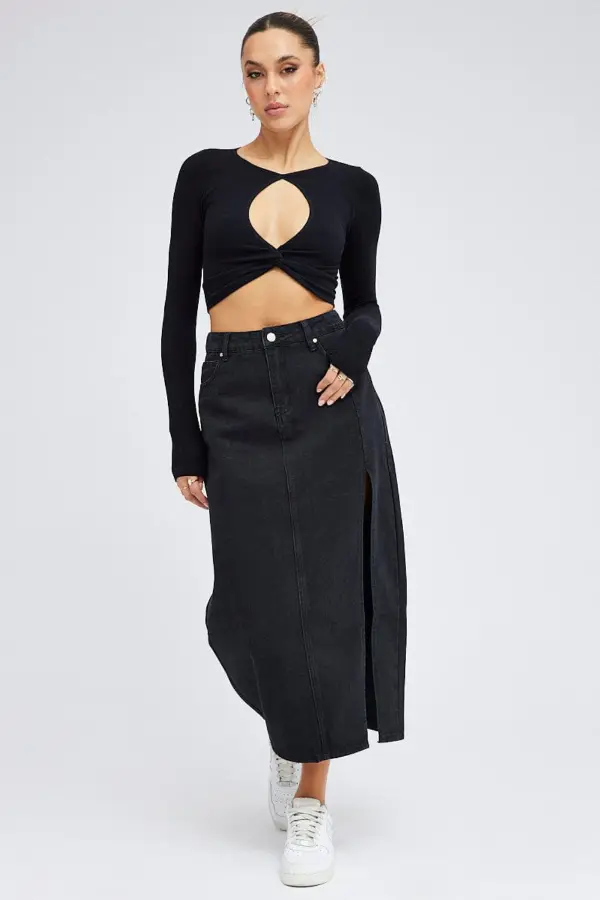 Black Denim Maxi Skirt Outfit