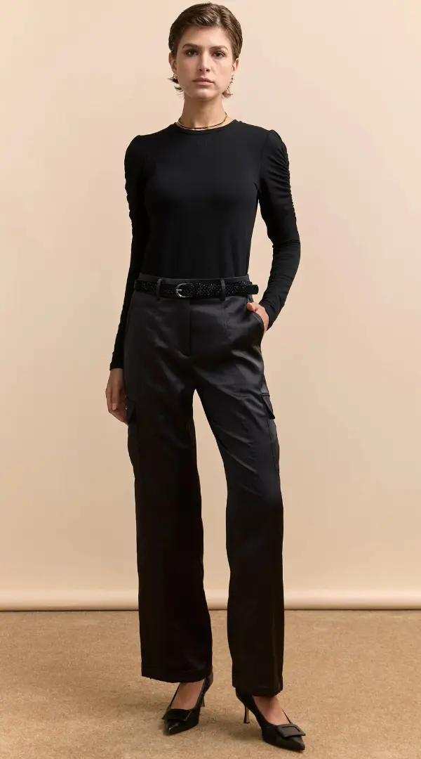 Black Satin Cargo Pants Outfit