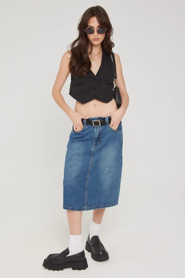 Denim Skirt and Loafers Outfit