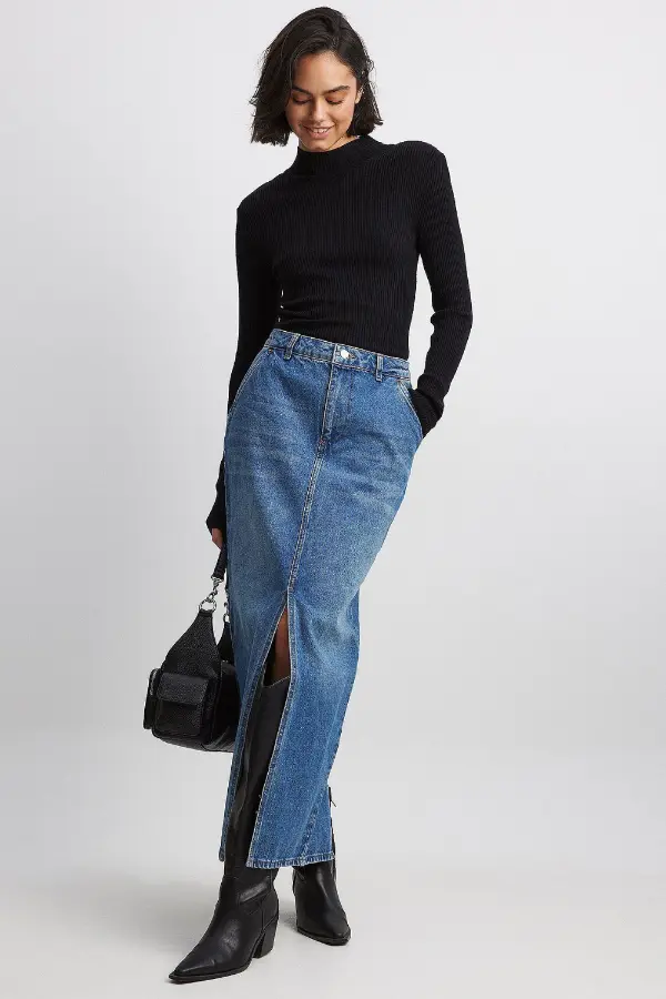 Long Denim Skirt Outfit Winter