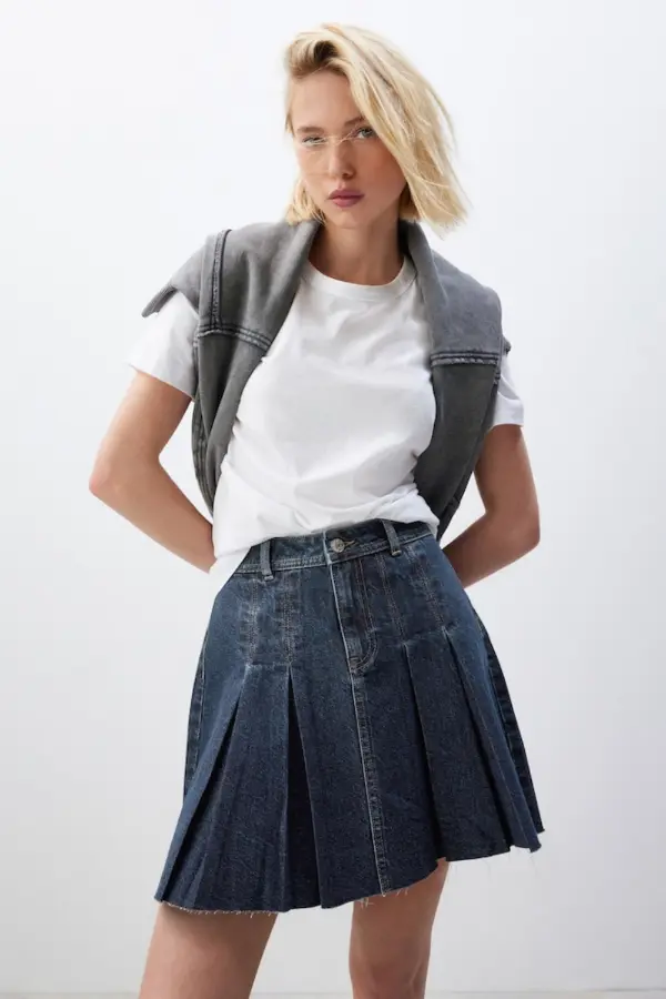 Pleated Denim Skirt