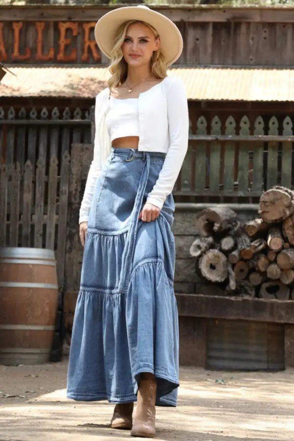 Tiered Denim Skirt Outfit