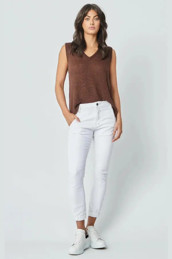 White Jeans and Brown Top