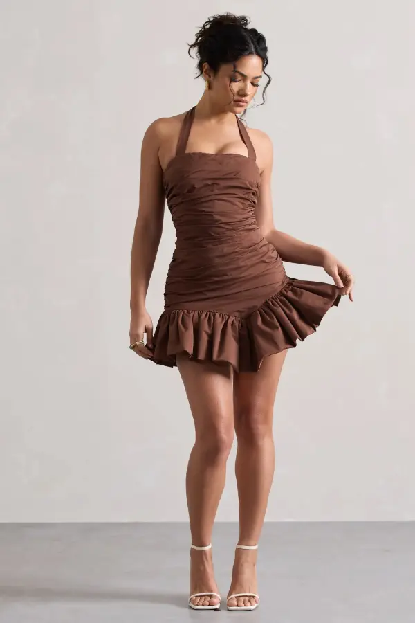 Brown Ruffle Mini Dress