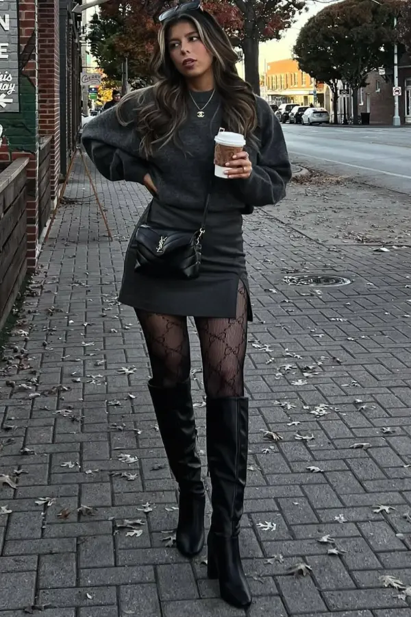 Black Mini Skirt and Boots Outfit