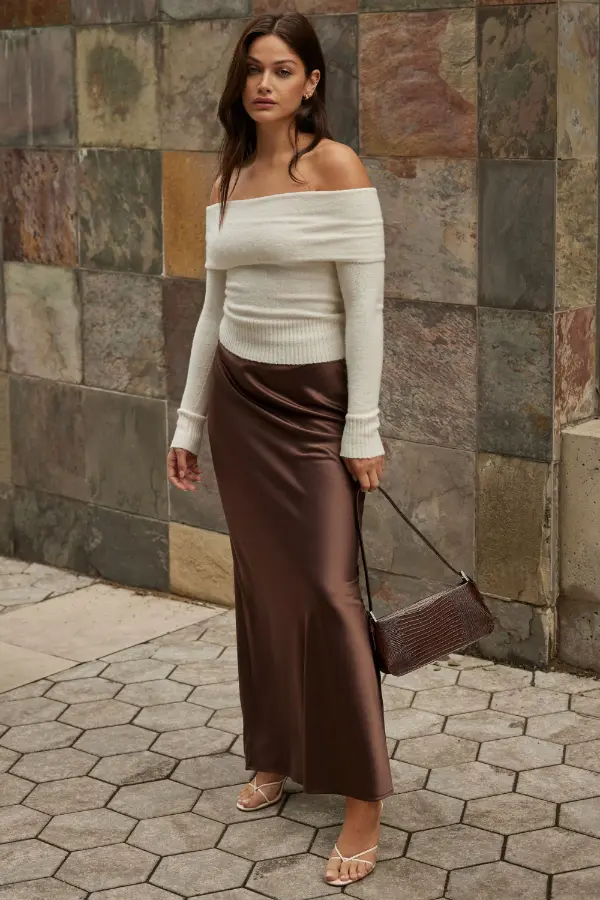 Brown Satin Maxi Skirt Outfit