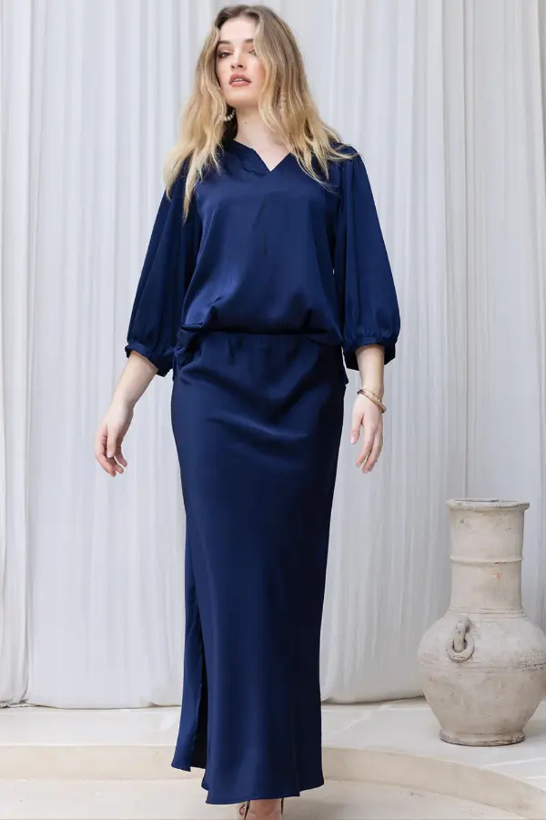 Navy Satin Maxi Skirt Outfit