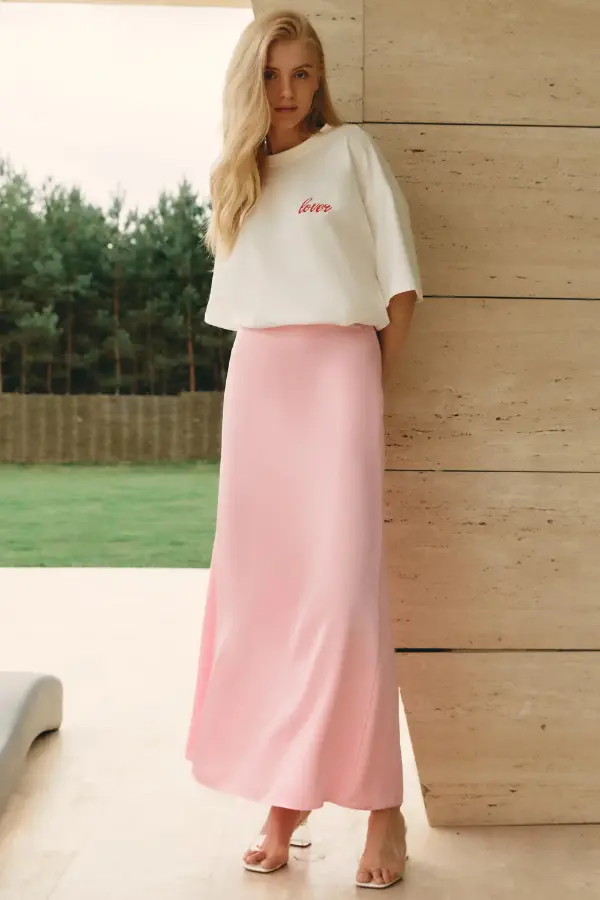Pink Satin Maxi Skirt Outfit