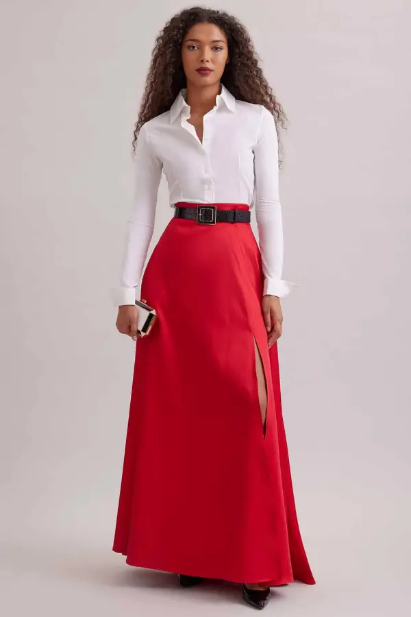 Red Satin Maxi Skirt Outfit