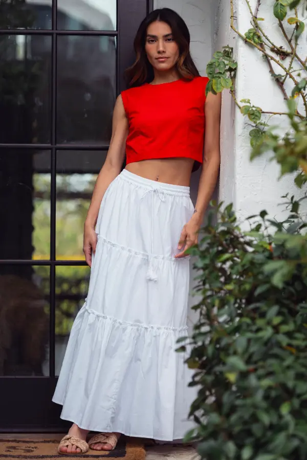 White Maxi Skirt Red Top Outfit
