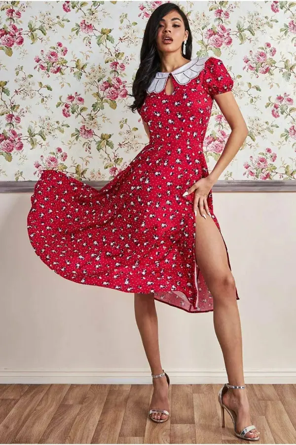 Red Floral Midi Dress