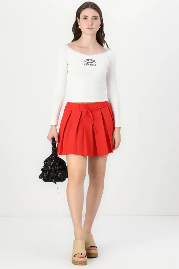 Pleated Red Mini Skirt