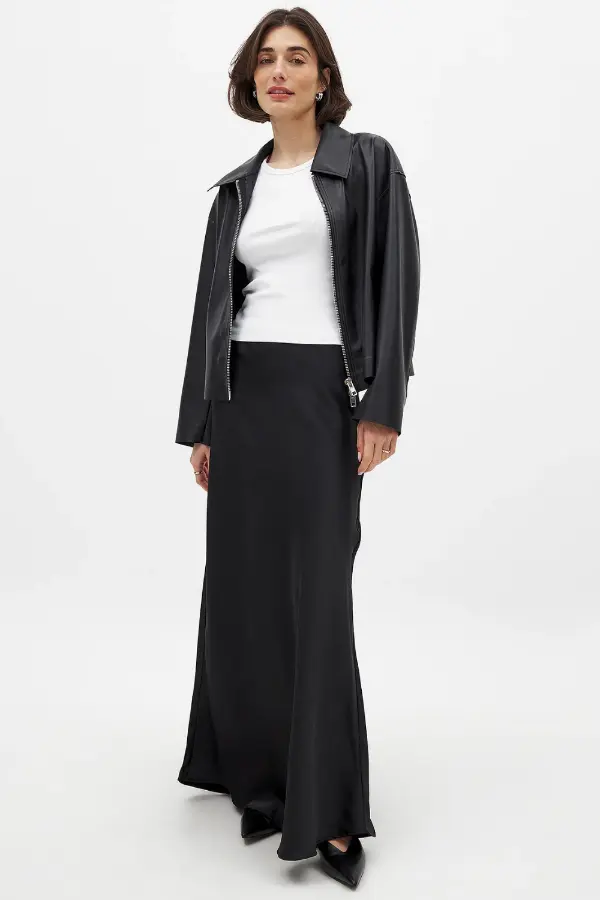 Black Satin Maxi Skirt Outfit