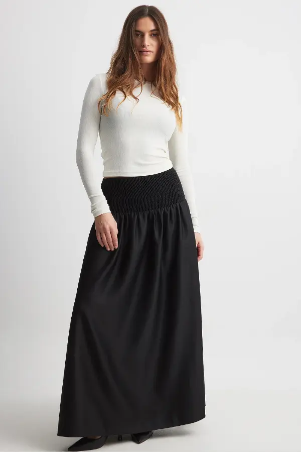 Black Satin Maxi Skirt Outfit