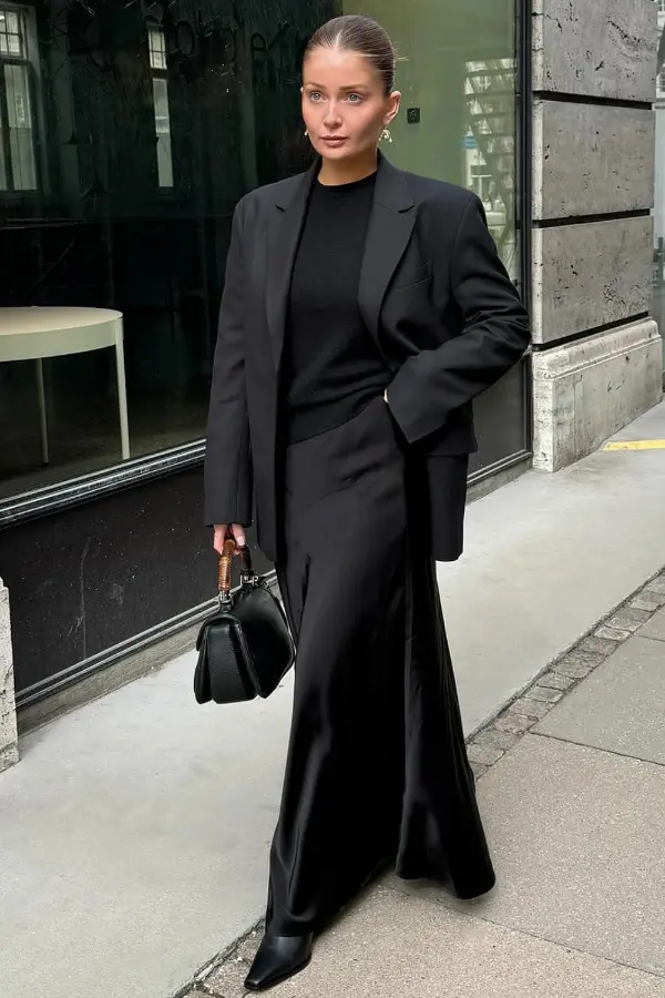 Black Satin Maxi Skirt Outfit Ideas