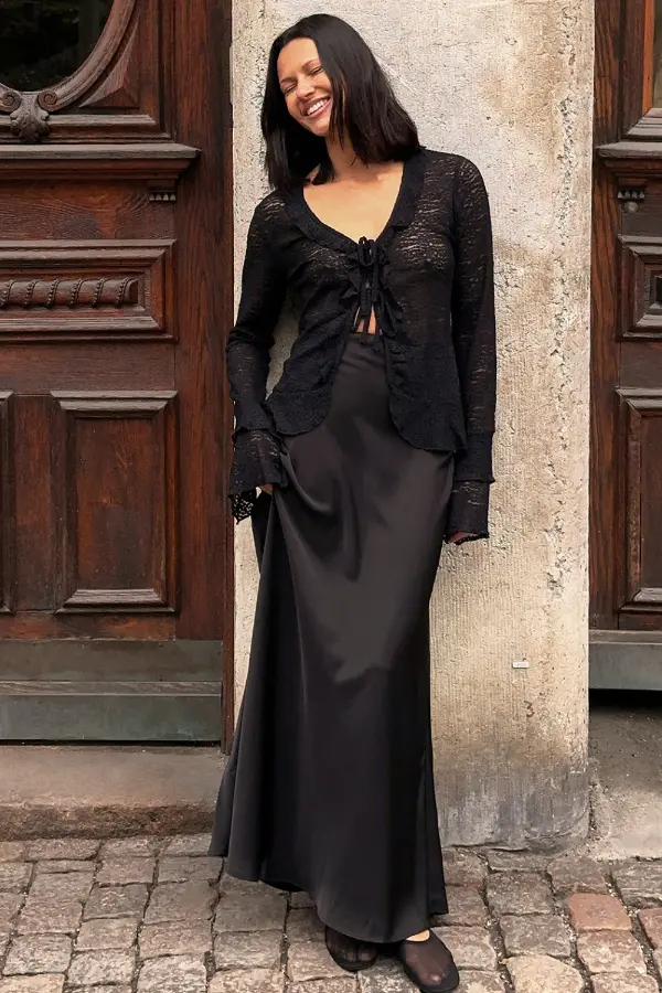 Black Satin Maxi Skirt Outfit Ideas
