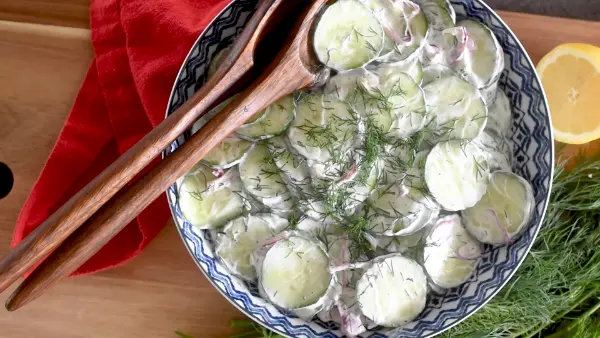 Easy Creamy Cucumber Salad Recipe With Mayonnaise & Sour Cream
